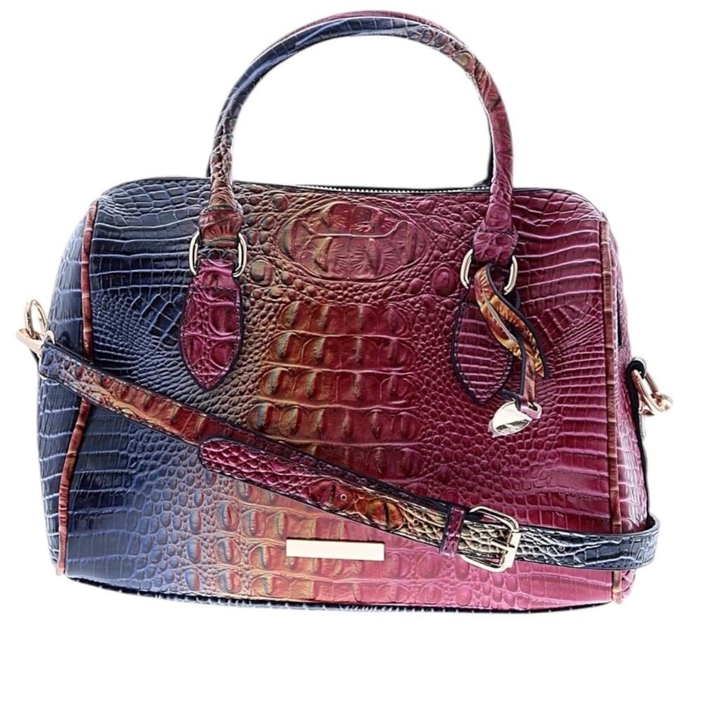Vegan Leather Rainbow Multicolor Purple Crocodile Embossed Crossbody Satchel Bag